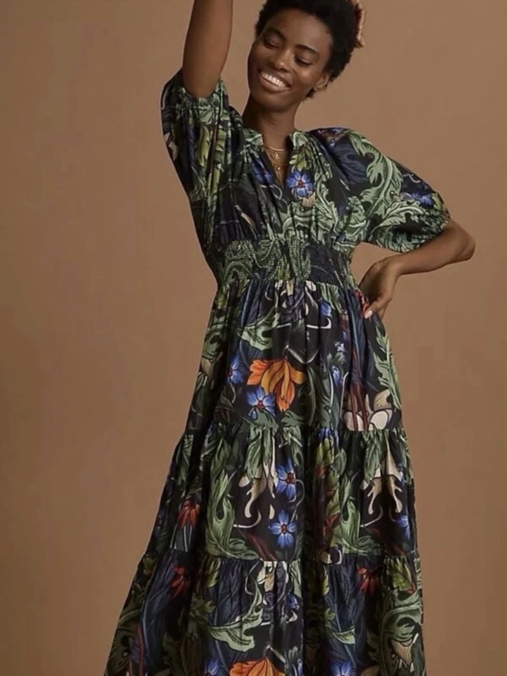Anthropologie Conditions Apply Floral Puff-Sleeve Dress in Green and Black